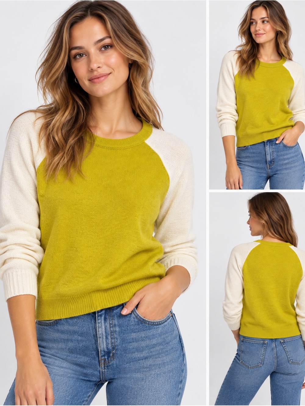 Forever 21 Women’s M Mustard Ivory Colorblock Raglan Knit Sweater Lightweight